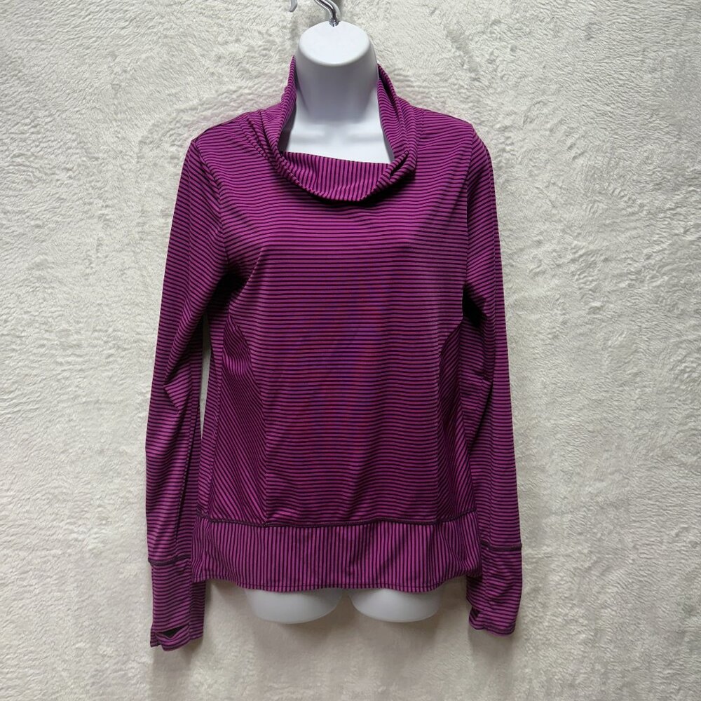 PrAna Marine Top Womens Purple Striped Stretch Small Thumbhole Sleeve Cowl Neck